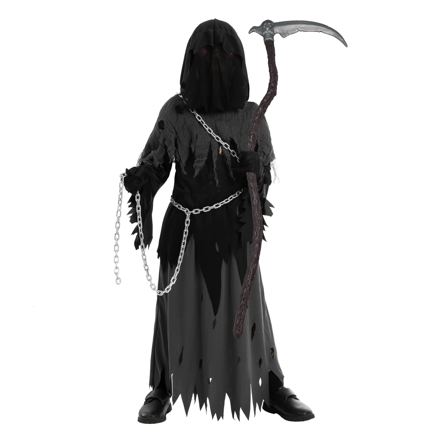 Child Glowing Eyes Grim Reaper Costume, Phantom Costume for Kids Halloween Fancy Dress up 5-12 Years