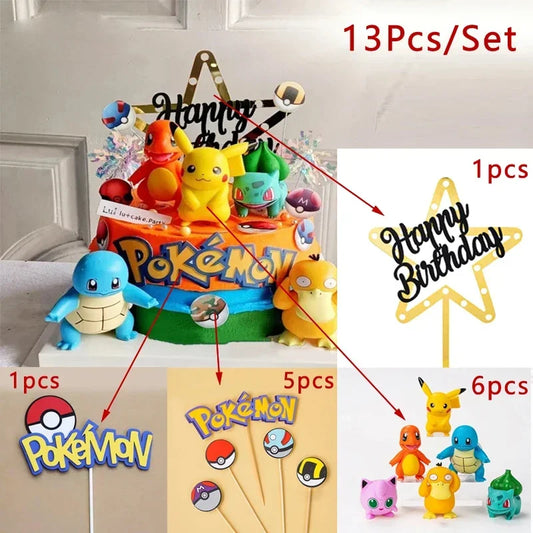 13Pcs/Set Pokemon Cake Topper Anime Figure Pikachu Party Happy Birthday Pokemon Cake Decoration Supplies Ornaments Boy Kids Gift