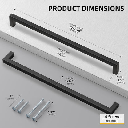 10 Pack Black Square Bar Cabinet Pull Drawer Handle Stainless Steel Modern Hardware for Kitchen and Bathroom Cabinets Cupboard,Center to Center 10In(256Mm) Black Drawer Pulls