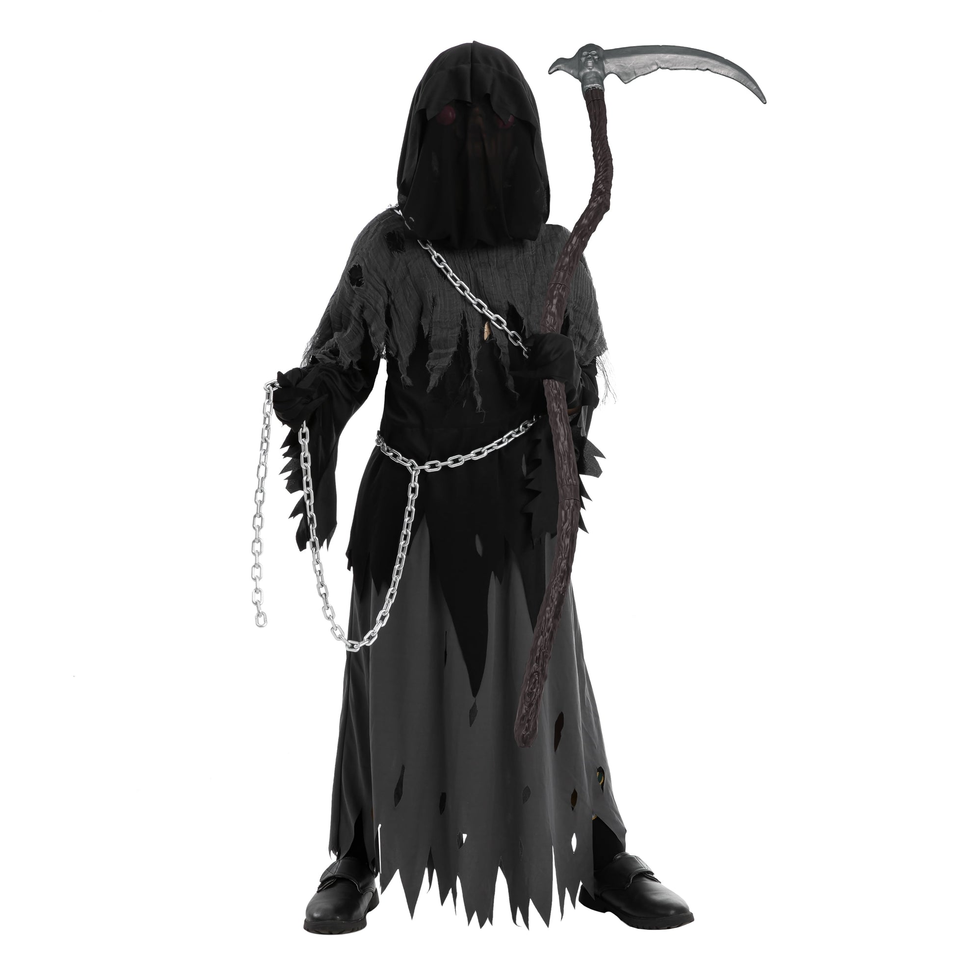Child Glowing Eyes Grim Reaper Costume, Phantom Costume for Kids Halloween Fancy Dress up 5-12 Years
