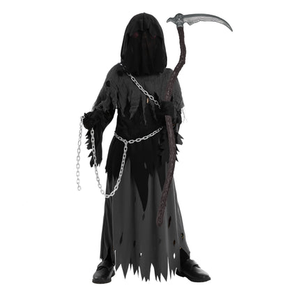 Child Glowing Eyes Grim Reaper Costume, Phantom Costume for Kids Halloween Fancy Dress up 5-12 Years