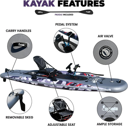 Inflatable Fishing Kayak for Adults - 1 Person, Pedal Drive, Folding, with Movable Seat, Hand Pump & Paddle & Oxford Bag, 410Lbs Capacity
