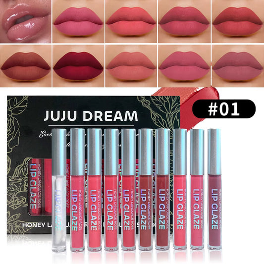 10 Pcs Long-Lasting Nude Lip Gloss Matte Satin Lipstick Waterproof Liquid Lipstick Moisturizing Lip Gloss